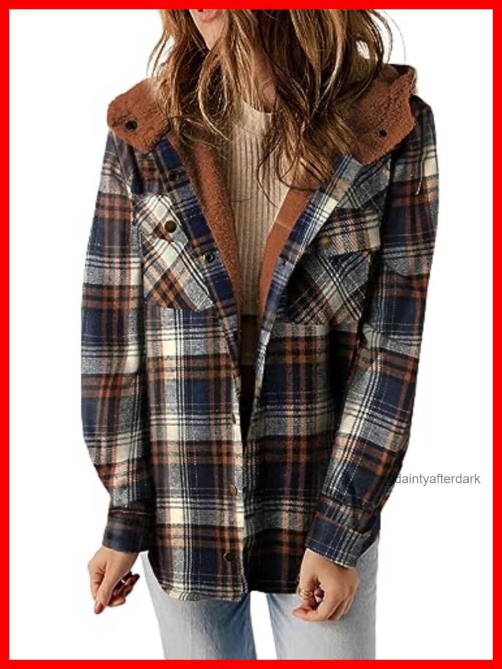 Plaid Fleece Lined Hooded Shacket Button Front Loose Fit Winter Coat